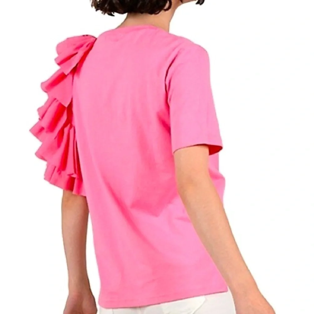 Molly Bracken Lili Sidonio Ruffle Sleeve Preppy Soft Tee Shirt Blouse Top Pink-M - Picture 2 of 12
